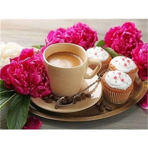 Coffee Cup Flowers Kitchen Printed 11CT Cross-Stitch Embroidery Full Kit DMC Threads Painting Needlework Sewing Decor