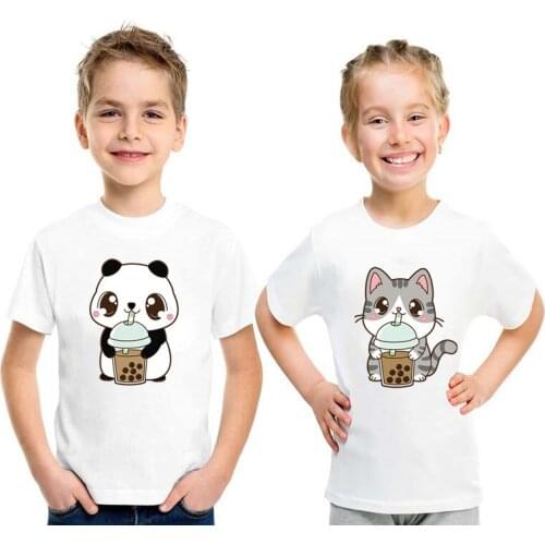 2021 New Cute Panda Like Milk Tea Cartoon Print Kids T shirt Funny Cat Dog BoysGirls T-shirt Children Clothes Summer Baby Tops