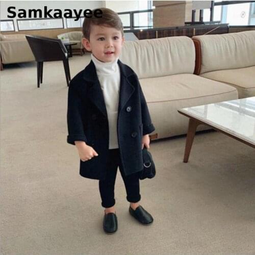 3-9y Boys Girls Woolen Jackets Autumn Winter Kids Coat Outerwear Baby Double-Breasted Plaid Blends Children Clothes Overcoat y44