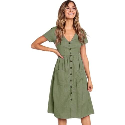 Cotton Women Summer Dress 2020 Casual V-neck Button Pocket Short Sleeve Midi Dresses For Women Vestidos