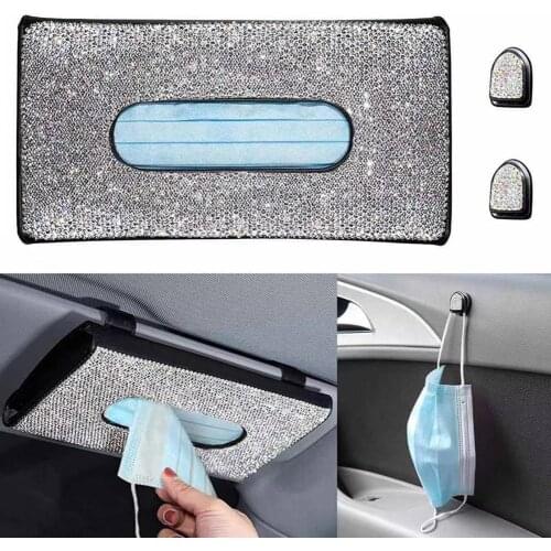 Crystal Car Tissue Box Sun Visor Diamond Leather Auto Tissue Paper Holder Case Sunvisor Hanging Napkin Interior Accessories