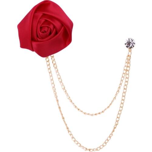 Fabric rose flower men suits tuxedo wedding Jewelry accessories chains tassel crystal brooch pin for men boyfriend gift