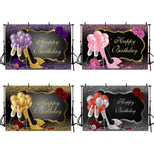 Happy Birthday Party Banner Backdrop Golden Black Gold Silver Purple Glitter Dots Party Decoration for Women Birthday Background