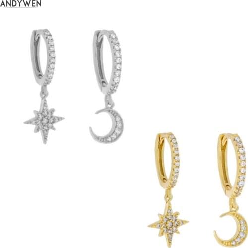 ANDYWEN 925 Sterling Silver Moon Snowflower Drop Earring Ohrringe Piercing Pendiente Crystal Women Luxury Jewelry For Party