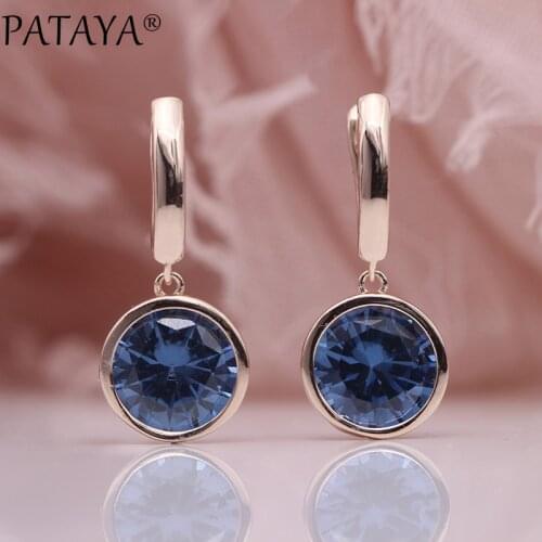 PATAYA New Round Multicolor Natural Zircon Dangle Earrings Women Fashion Simple Jewelry 585 Rose Gold Gradient Blue Earrings