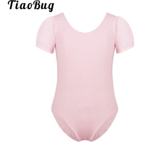 TiaoBug Kids Pink/Black Ballet Gymnastics Leotard Girls Chiffon Short Sleeve Cutout Back Gym Sports Bodysuit Children Dance Wear