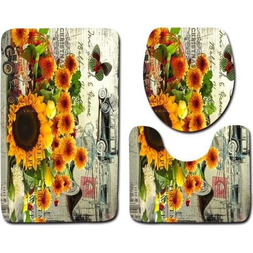 European and American Flower Toilet Mat Set 3D Printing Non-slip Floor Mat Bathroom Entrance Door Mat Set Carpet Bath Rug Set
