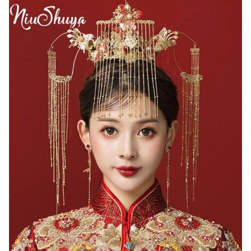 NiuShuya Vintage Chinese Phoenix Peacock Coronet Hair Accessories Classical Chinese Butterfly Long Tassel Queen Hair Jewelry