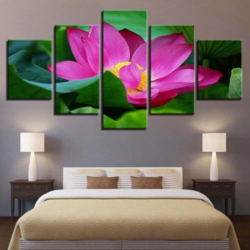 Wall Art 5 Pieces Pink Lotus Flower Painting Water Lily Poster Canvas Print Pictures Living Home Room Decoration