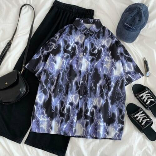 Ins Student Bf Top Chic Hip Hop New Shirts Women Short Sleeve Print Blue Plus Size 3Xl Retro Loose Female Unisex Summer Harajuku