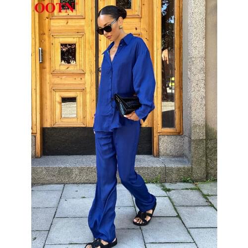 OOTN Blue Satin Women Office Sets Lady Elegant Long Sleeve Turn-Down Collar Fashion Buttons Wide Leg Pant Suits Elastic Waist