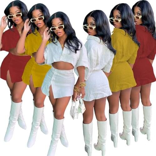 2021Women Summer 2pcs Shirt Dress Set Short Sleeve Deep V Neck Button Crop Blouse And Mini Skirts Casual Solid Nightclub Bodycon