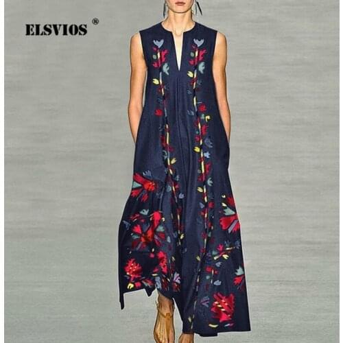 Vintage Women V Neck Floral Print Summer Dress Elegant Sleeveless Loose Long Party Dress Femme A-Line Maxi Beach Dresses Vestido