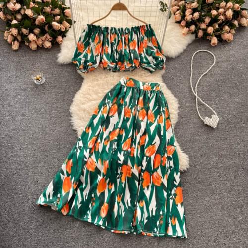 Womens Spring Summer Runway Fashion Sexy Slash Neck Floral Print 2 pcs Dress Female Chic Travel Beach Party Dress TB836
