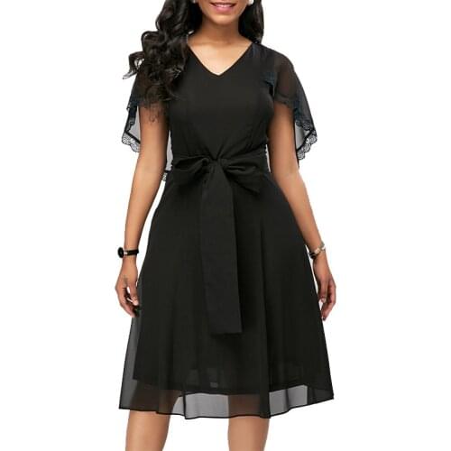 European Style Summer Women Vintage Fashion Solid Cloak Sleeves Sexy V-neck A-line Dress Elegant Office Lady High Waist Dress