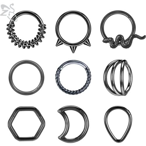 ZS 1 Piece Black Color 316L Stainless Steel Nose Ring For Women Men 8MM Punk Moon Spike Ear Helix Septum Tragus Piercing Jewelry