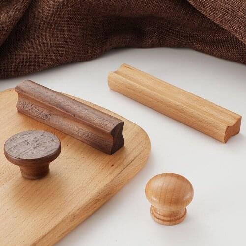 1Pc Long Solid Wood Cabinet Door Handle Walnut Cabinet Wardrobe Door Handles Round Single Hole Drawer Knob Furniture Pulls Diy