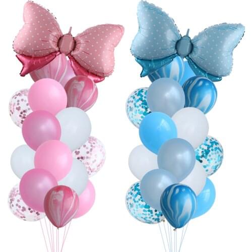 17Pcs Pink Blue Bowknot Set Boy Girl Pink Confetti Latex Balloons Helium Globos For Kids Birthday Party Decoration Baby Shower
