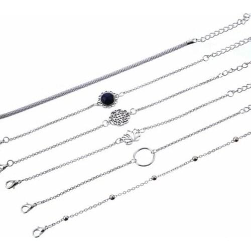 Bohemian Ethnic Lotus Leaf Round Stone Flower Bead Charm Bracelet Six Piece Set