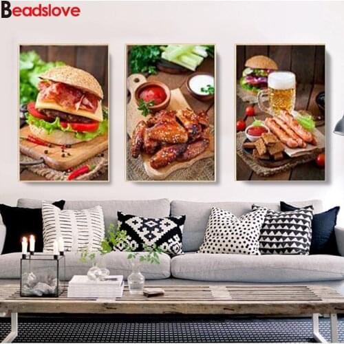 5D DIY Diamond Painting 3 pcs Food Hamburger Sausage Diamond Embroidery Mosaic Decorations Kitchen Dining Room Restaurant Art