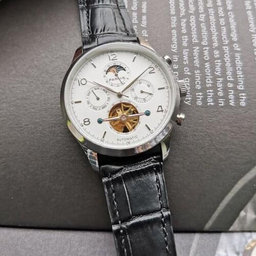 Mens Tourbillon Automatic Watches Moon Phase Weekly Calendar Display 43mm JHS35 Movement Mechanical Wristwatches Male Clock Gift