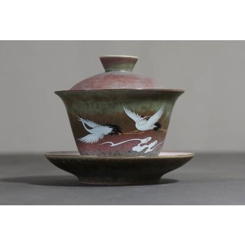 140ml Kiln Change Ceramic Gaiwan Chinese Kung Fu Tea Bowl Teacup with Lid and Saucer Teapots Drinkware Vintage Tea Tureen Decor