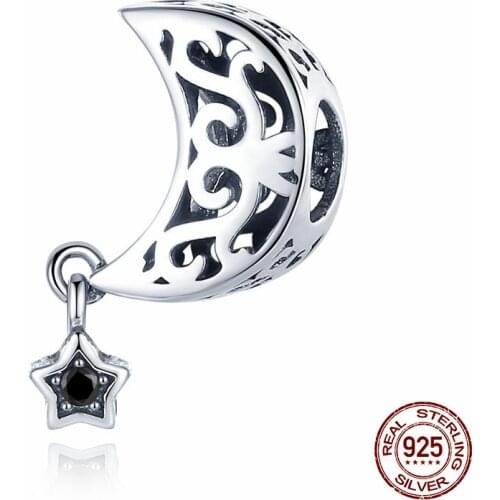 CodeMonkey 100% 925 Sterling Silver Openwork Moon and Star Goodnight Charm Beads fit Bracelet DIY Jewelry Valentine Day Gift 483