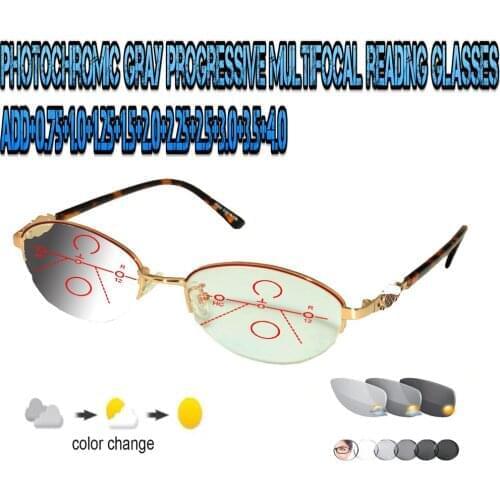 Photochromic Gray Progressive Multifocal Reading Glasses Oval Luxury for Ladies Women Halfrim Frame Tr90 +0.75 To+4.0