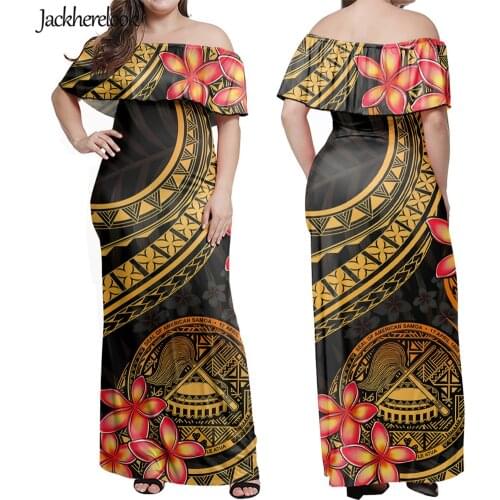 Jackherelook Vintage Samoa Polynesian Tribal Hibiscus Floral Print Women Summer Hawaiian Long Dress Ladies Off Shoulder Dresses