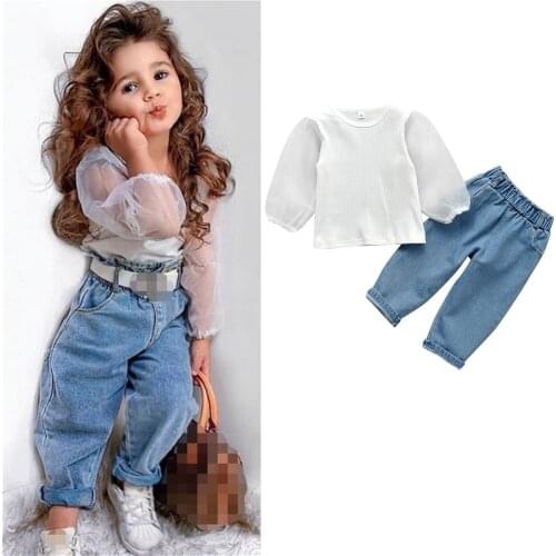 2Pcs Children Girls Mesh Long Puff Sleeve Knit Tops + Denim Long Pants Outfit 2021 Summer Autumn Kids Clothes Sets 1-6Years