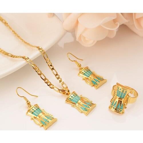 Crystal Green BAG drum Pendant Chain Necklaces Earrings Fine Gold GF PNG Jewellery Set Papua New Guinea Wedding party women