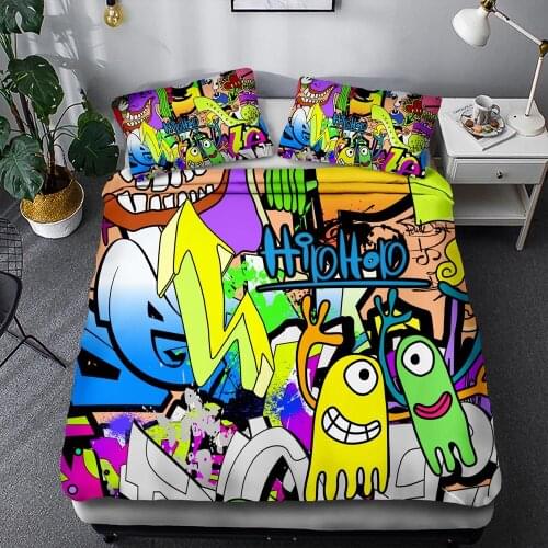 Popular 3D Print Hip-Hop Bedding Set Adult Kids Graffiti Duvet Cover Set Pillowcase Luxury Bed Linens Home Textitle