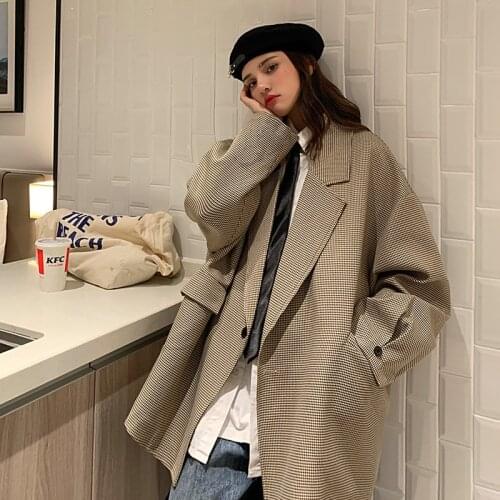 Oversize Plaid Blazers Jacket Women Men Single Button Loose Casual Streetwear Hip Hop Gray Suit Coat Spring Fall Clothes A012