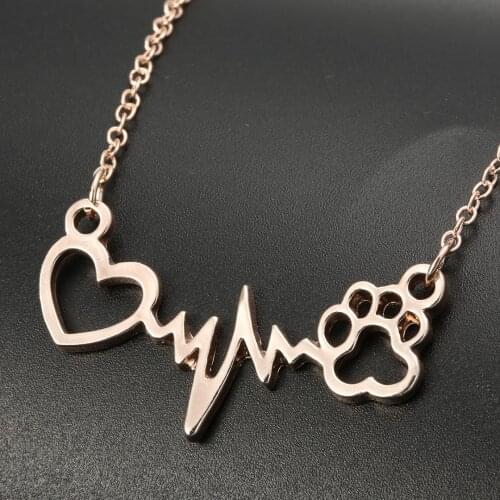 Fashion Women Hollow Heart Necklace Cat Dog Paw Print Cute Necklace ECG Heart Chain Necklace Christmas Jewelry