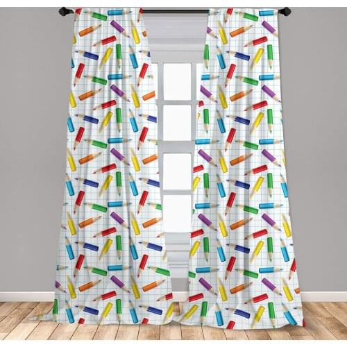 Cartoon Window Curtains Colorful Pencils on Checkered Board Creativity Art Window Drapes with Rod Pocket
