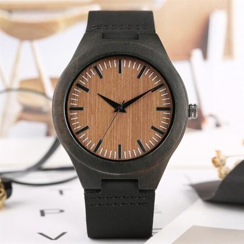 Coffee Brown Dial Quartz Men Watch Ebony Wood Watch Case Black Analog Minimalist Male Genuine Leather Wrist Watches Gift Clock