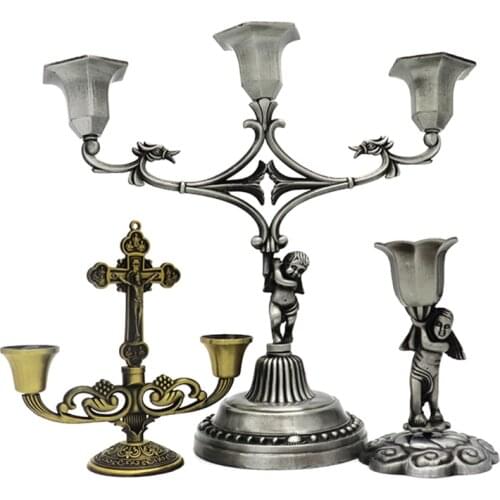 Christian Catholic Sacred Crucifix Table Stand Candlestick with Handle Metal Tabletop Candle Holder Home Furnishing Desktop Ligh