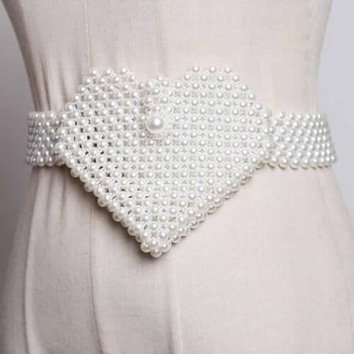 SeeBeautiful New Fashion 2020 Summer Autumn Hollow Weave Girdle Heart Pattern Man-made Pearl Mini-bag Waist Belts Women A686