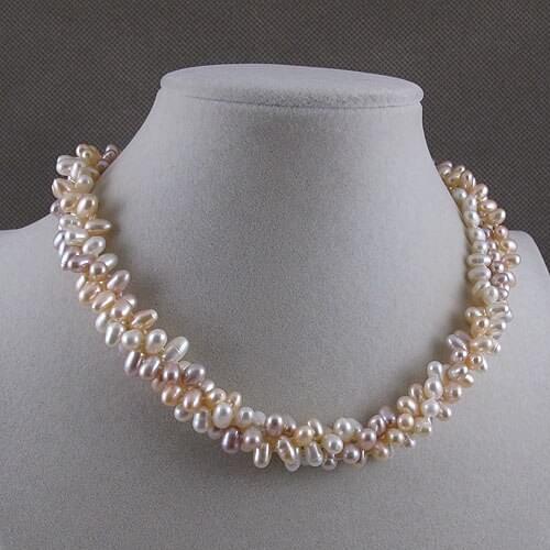Unique Pearls jewellery Store 3rows 5-8mm White Pink Purple Genuine Freshwater Pearl Necklace 18inches Charming Women Gift