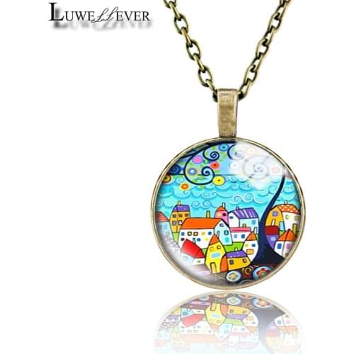 Painting Necklace 676 25mm Bronze 30mm Wood Rhinestone Double-sided Moon Round Glass Pendant For Women Gift
