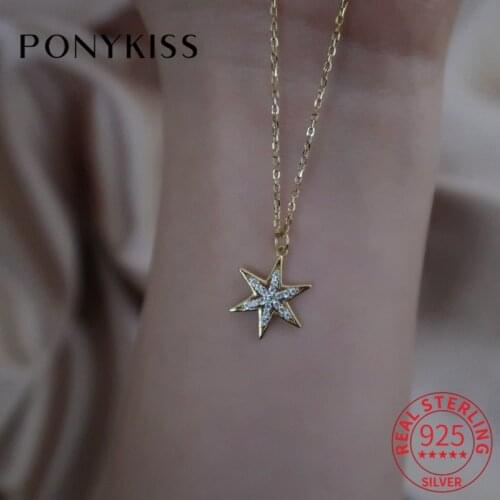 PONYKISS Trendy 925 Sterling Silver Star Zircon14K Gold Pendant Necklace For Women Punk Fine Jewelry Gift Drop Shipping