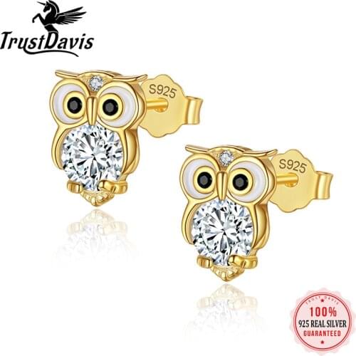 TrustDavis Real 925 Sterling Silver Zircon Owl Animal Stud Earrings Women Exquisite Small Casual Jewelry Girlfriend Gift L092