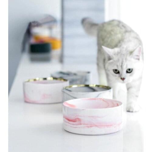 TECHOME New Type Pet Bowl Ceramic Marble Texture Cat Feeder Home Pet Ceramic Bowl Gold Rim Bowl Round Pet Feeders Wooden Frame