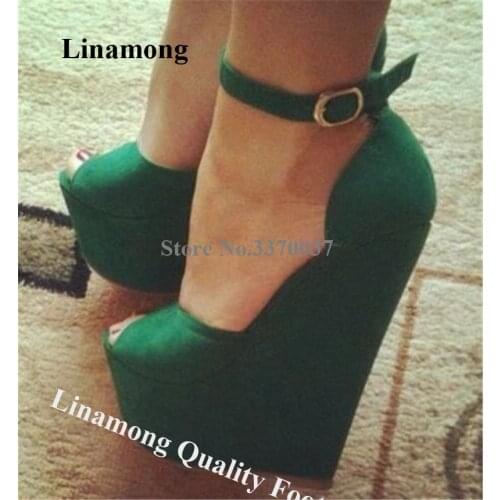 Linamong Super High Wedges Peep Toe Suede Leather High Platform Wedge Pumps Ankle Strap Green Height Increased Wedges Dress Heel