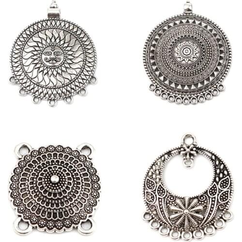 8Seasons Bohemian Vintage Connectors Round Antique Silver Color Flower Sun DIY Making Charms Necklace Jewelry Findings,3-50PCs