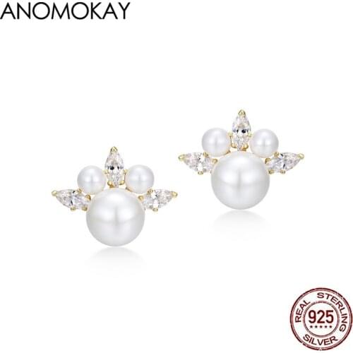 Anomokay Trendy Crown Pearl Stud Earrings 100% Sterling 925 Silver Earring for Women Girl Gift 9K Gold Filled Fine Jewelry