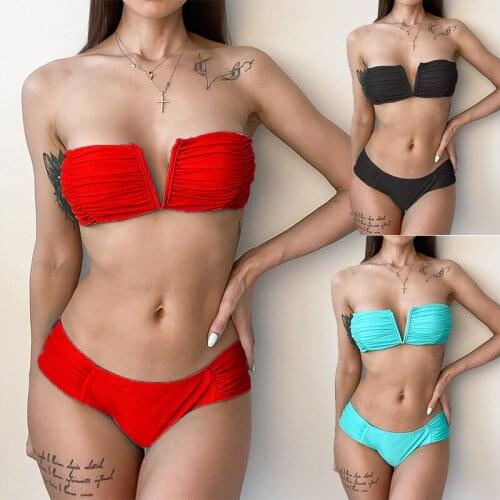 Red Bikini 2021 Bandeau Swimsuit Women Smocked 2 pieces Set Sports Off Shoulder Bathing Suit Sexy Deep V Swimwear Female Summer
