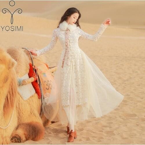 YOSIMI 2021 Spring Two Piece Outfits Women Full Sleeve Beige Lace Dress and Mesh Long Dresses Vintage Chinese Style 2 Piece Set