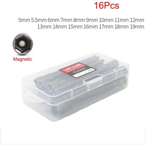16Pcs/Set 5-19mm Lengthen Hex Socket Sleeve Bit Nut Driver for Power Drills Impact Drivers Hand Drills Tools Parts Length 150mm