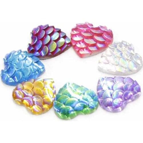 50pcs/lot Multi Colors 10mm Heart Shape Resin Mermaid Fish/ Dragon Scale Cabochon Beads Dome for DIY Pendant Tray Jewelry Making